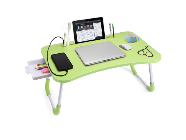 Bed Desk for Laptop and Writing with Storage, Cup Holder, Light Fan, Pen Holder,Tablet Holder,Foldable, for Bed, Couch, Floor, Portable,Green