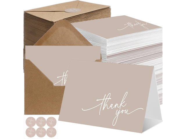 200 Pcs Thank You Cards with Envelopes Stickers, 3.5x5', Khaki Folded Blank Thank You Notes Bulk, Kraft Envelopes and Stickers, for Wedding...