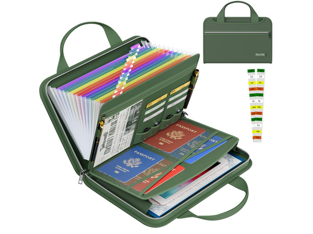 Fireproof Accordion File Organizer, Expanding File Folder, Green 13 Pocket Colorful, Handle, Zipper & Labels, Multi-Pockets Paper Organizer, for...