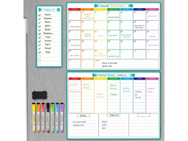 Magnetic Fridge Calendar Whiteboard, 16' x 12', Weekly and Monthly Strong Magnetic Backing, Easy to Write and Clean, Dry Erase Surface and Stain...