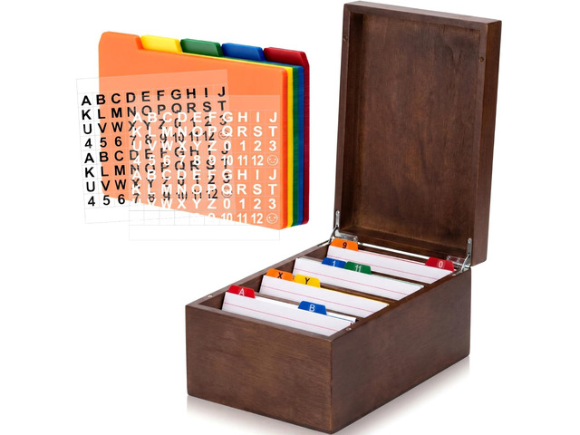 4 x 6 Inches Index Card Holder Set, Bamboo Organizer Box, Brown Holds 1200 Cards with 50 Index Card Organizer Dividers & 2 Sheets Alphabet Number...