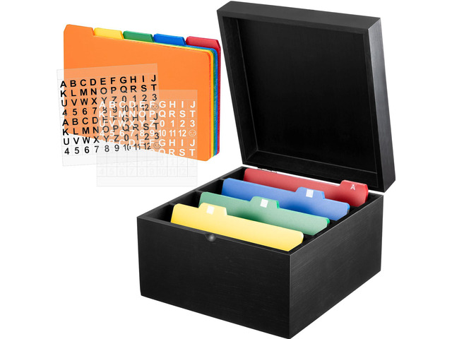 5 x 8 Inches Index Card Holder Set, Bamboo Organizer Box, Black Holds 1200 Cards with 50 Index Card Organizer Dividers & 2 Sheets Alphabet Number...