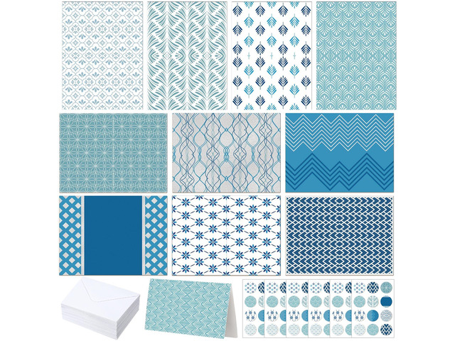 100 Pcs Blue Hue Floral Design Blank Greeting Cards 4x6, Geometric Silver Foil Blank Cards, 10 Designs, Great Stationary Set for All Occasions with...