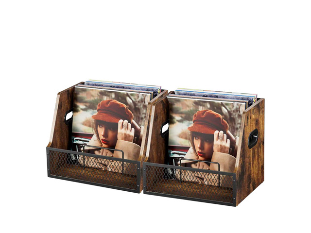 2 Pack Vinyl Record Storage, Wooden Crate Vinyl Holder with Dividers for Albums & Magazine Rack Organizer for 60+ Records Case Box for 7/10/12...