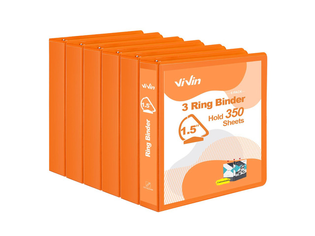 Sturdy 1.5 Inch 3 Ring Binder with 2 Pockets, 6 Pack, Orange Slant-D Ring Binder, PVC-Free, Customizable Clear View Binder,Holds 350 Sheets of 8.5'...