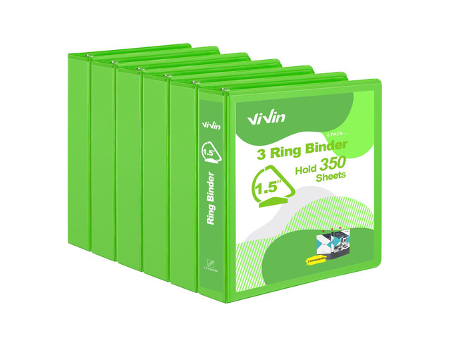 Sturdy 1.5 Inch 3 Ring Binder with 2 Pockets, 6 Pack, Ivy Green Slant-D Ring Binder, PVC-Free, Customizable Clear View Binder,Holds 350 Sheets of...