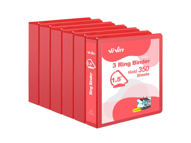 Sturdy 1.5 Inch 3 Ring Binder with 2 Pockets, 6 Pack, Red Slant-D Ring Binder, PVC-Free, Customizable Clear View Binder,Holds 350 Sheets of 8.5' x...