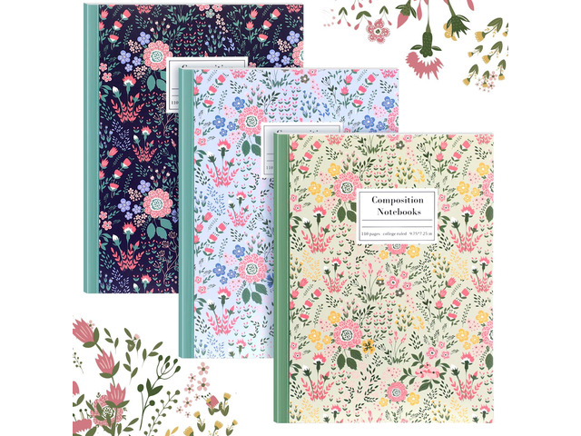3 Pcs Wildflower Cute Composition Notebook College Ruled Bulk Back to School Supplies, 7-1/2' x 9-3/4', 110 Pages Each, Floral Aesthetic...