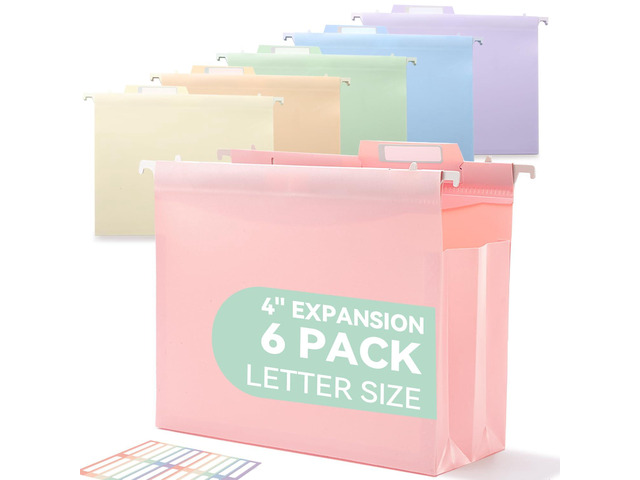 Hanging File Folders, 4' Expansion for Bulky Files, Letter, Pastel Letter Size, 6-Pack for Filing Cabinets, Sturdy and Tear-Resistant, Side-Sealed...
