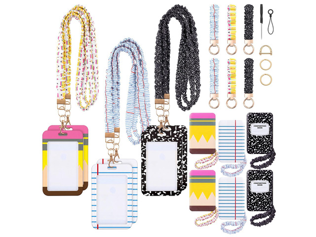 6 Packs Teacher Scrunchie Lanyard with ID Holder Keychain Set Back to School Scrunchie Lanyard, Breakaway Teacher Lanyards, Wristlet Keychain Key...