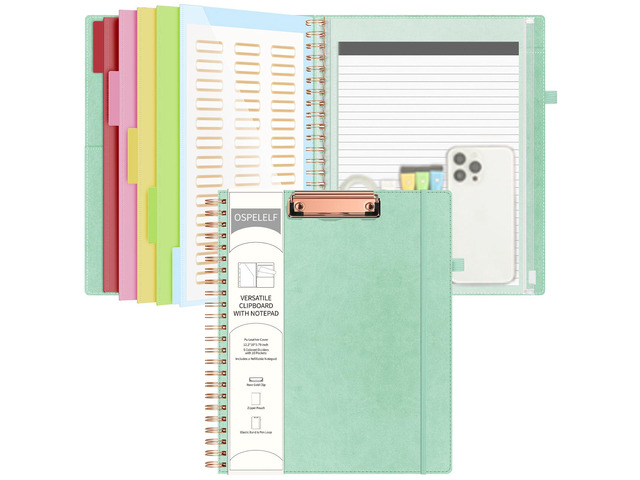 Leather Clipboard Folders with with Storage Zipper Pouch, Spiral Clipboard Folio with Notepad for Letter Size, 5 Folders with 10 Pockets, 39...