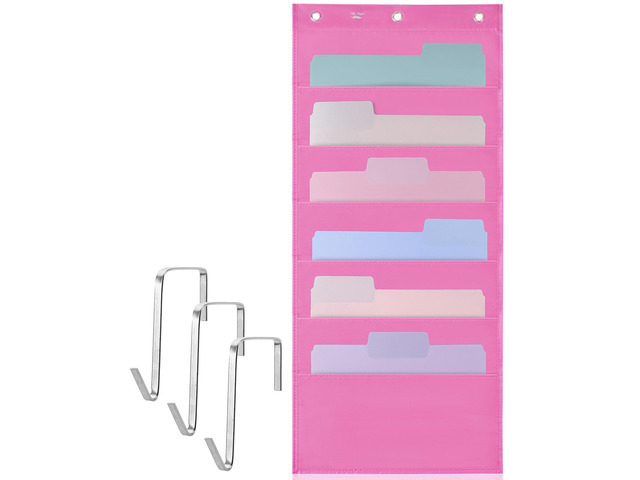 Hanging Wall File Organizer, 6 Pocket, Pink 3 Overdoor Hangers Included, Over The Door File Organizer, Hanging Folder Organizer, Wall Folder Organizer