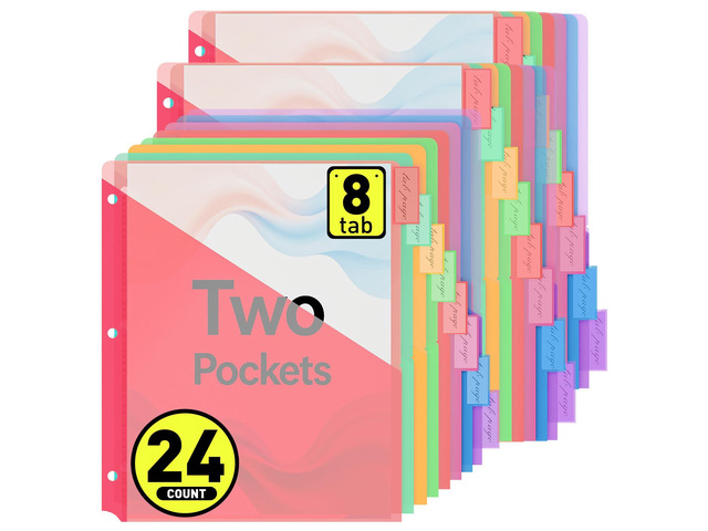 24 Counts Dividers with 2 Pockets, 8 Tabs Binder Dividers for 3 Ring Binder, Plastic Binder Dividers with Tabs for Office & School Organization...