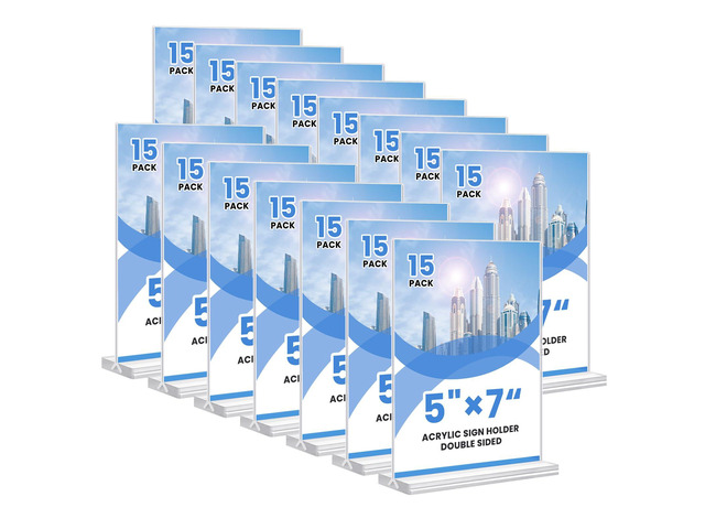 Acrylic Sign Holder, 5x7, 15 Pack Vertical Clear Table Menu Display, Double Sided, Plastic Stand, Suitable for Restaurants, Office, Store, Fair