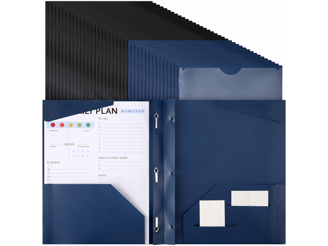 48 Plastic Folders with 3 Prongs Bulk, Navy Blue,Black Heavy Duty Folders with Clear Front Pockets and Card Slots Folder with Fasteners Fit...