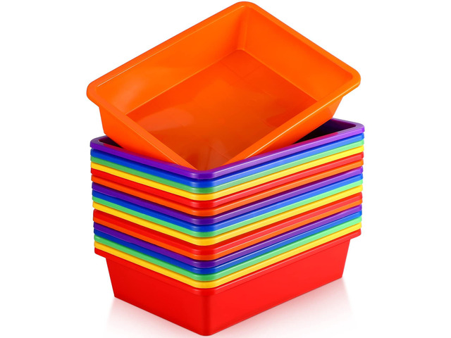 18 Pcs Flat Storage Organizer Bins Paper Tray Classroom,Colorful Plastic Baskets, Letter Size, for Art Pencil Book Organization, for School Office...