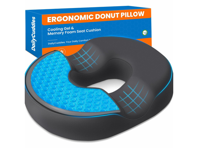 Donut Pillow Cooling Gel Memory Foam Cushion, Large, Grey Relief for Tailbone Pain Hemorrhoids Pregnancy Sciatica, Machine Washable Cover, Non-Slip...