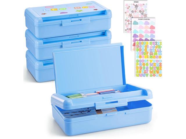 4 Pcs Double Layer Plastic Pencil Box with 3 Stickers,Solid Blue Large Capacity Pencil Case for Kids Girl Boy Back to School Supplies Hard Crayon...
