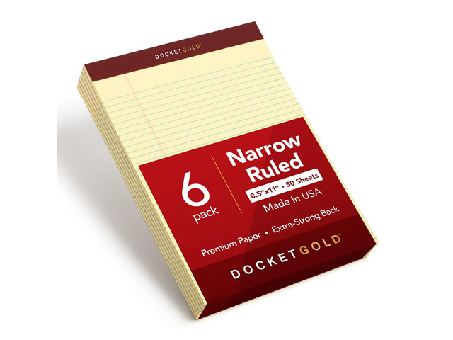 8.5 x 11 Legal Pads, 6 Pack, Premium Docket Gold Brand, Narrow Ruled, Thick Yellow Paper, Sturdy Back, 50 Sheets, Made in USA (63941)
