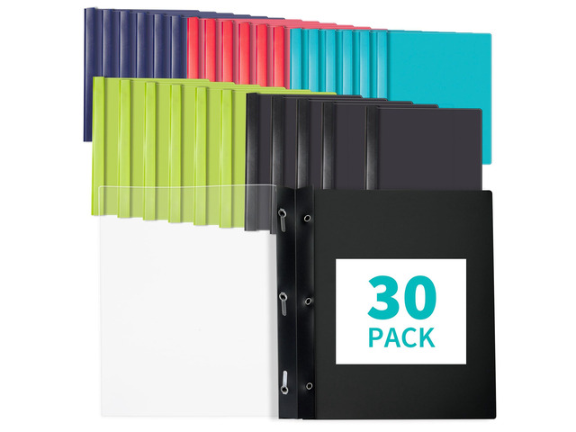 Heavy-Duty Report Covers with 3 Prongs, 100-Sheet Capacity, Assorted,30Pack Plastic Report Folders with Back Covers, 3-Prong Metal Fasteners, 8.5 x...