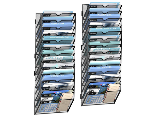 14-Tier Wall File Organizer and Hanging File Organizer, Black, 2Pack Wall Organizer and Wall Mounted File Holder with 14 Pockets and Label Panels...