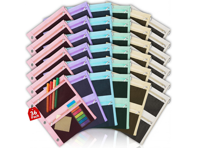 36 Pcs Pencil Pouch for 3 Ring Binder, 3 Pocket Zipper Binder Pouch Bulk, 9'x11' Binders Pencil Case, Pastel School Supplies for Girl Boy Student,...