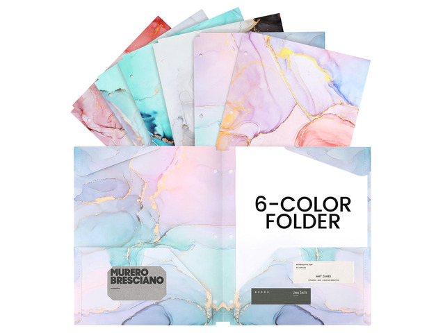 6 pcs Plastic Folders with Pockets,3 Hole Punched Folders Heavy Duty Binder Folder for 3 Ring Binder,Cute Marble Colors 2-Pocket Folders for...