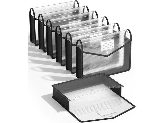 7 Pack Plastic Expanding File Folder, Fit Legal / B4 Size, Black Transparent Envelopes with Snap Closure, No Dividers, Large Capacity, Black File...