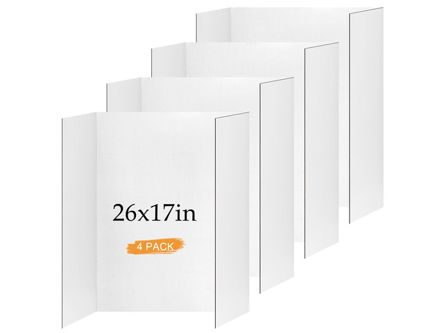 Small Trifold Poster Board 26' x 17', White Science Fair Display Boards 4 Pack, Thickened Corrugated Cardboard, Portable, Ideal for School Projects...
