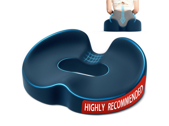 Memory Foam Donut Pillow Seat Cushion with Raised Rear, Blue 7.5-Inch U-Shaped Opening Helps Reduce Tailbone Pressure; Washable Mesh Cover And...
