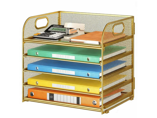 Desk Paper Organizer Trays, Gold 5-Tier Mesh File Folder Sorter with Handles, Letter Holder Organizer for Office, Home, School Supplies Storage &...
