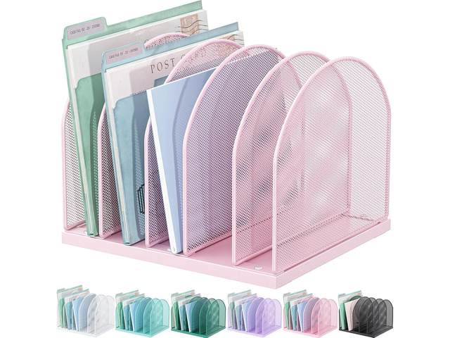 Desktop File Organizer with 5 Compartments Desk Organizer Paper Organizer for Desk Workspace Organizers for Office Supplies (Pink)