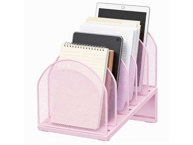 Desktop File Organizer with 5 Compartments Desk Organizer Paper Organizer for Desk Workspace Organizers for Office Supplies (Pink)