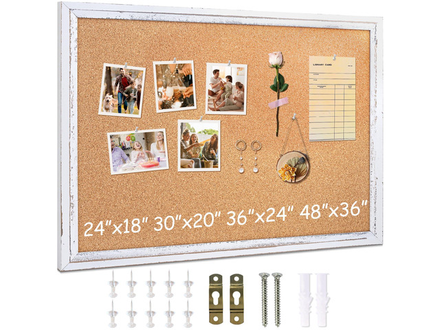 White Cork Board, 36' X 24' Rustic Framed Bulletin Board Decorative Pin Board, Wall Hanging, For Office & Home Decor Memo Display, With Pins