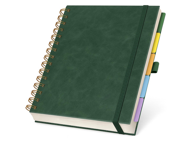 Hardcover Lined Spiral Notebook with Removable Dividers Leather Bound Green 8x10' 300 Pages College Ruled 5 Subject Notebook for Work - with Tabs,...
