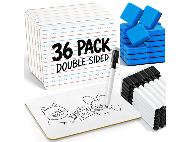 36 Pack Small White Board, Double Sided Lined Dry Erase Boards with Lines 9x12 Mini Whiteboard with 36 Markers, 36 Erasers for Handwriting...