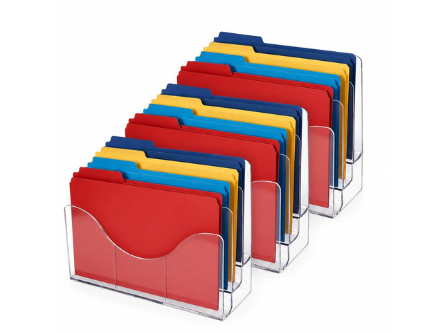 250099-3PK Three Tier File and Brochure Desktop Wall Organizer Holder with Dividers brochure display stand acrylic file holder, Clear, 3-Pack