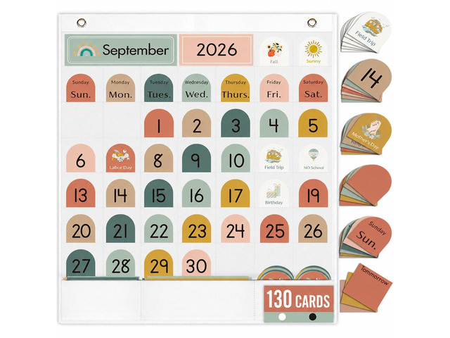 Classroom Monthly Calendar Pocket Chart for Kids Learning, 105 Cards Wall Boho Calendar and Weather, Teacher Supplies for Kindergarten Preschool...