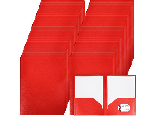 50 Pcs Plastic Folders with 2 Pockets Letter Size Folder,Red Heavy Duty Folders with Business Card Holder for School Classroom Teacher Office...