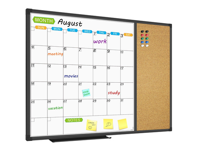 Magnetic Calendar Whiteboard & Bulletin Corkboard Combination, Combo Board 28 x 20 Inch, Black Aluminum Frame Wall Mounted Board for Office Home...