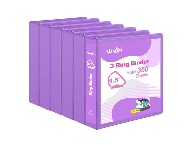 Sturdy 1.5 Inch 3 Ring Binder with 2 Pockets, 6 Pack, Purple Slant-D Ring Binder, PVC-Free, Customizable Clear View Binder,Holds 350 Sheets of 8.5'...