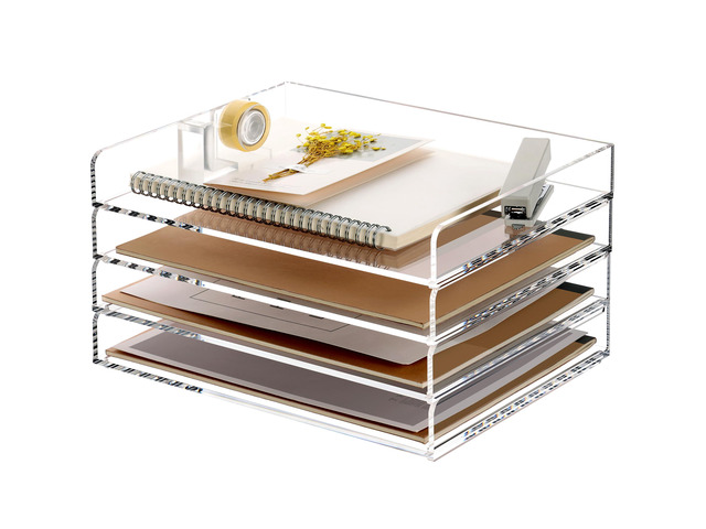 4 Tier Clear Desk Paper Letter Organizer Trays, A4 Stackable File Document Tray, Acrylic Desk Organizers and Accessories Sorter, Workspace Office...