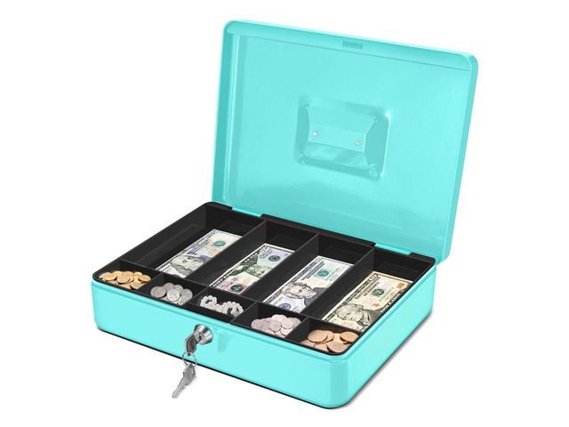 Small Cash Box with Money Tray and Lock, 11.4-Inch, Blue Portable Metal Money Box for Petty Cash with Removable 9-Compartment Tray, 4 Bill Slots,...