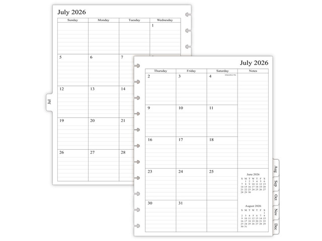 2026-2027 Monthly Planner Refill for 11-Discbound Notebooks, Jul 2026 to Dec 2027, Two Pages Per Month, Letter Size, 8-1/2' x 11'