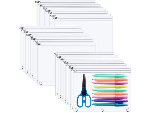 48 Pack Clear Pencil Pouch for 3 Ring Binder 10x7'', Clear Large Capacity Pencil Case with 3 Reinforced Grommet, Smooth Zipper Pencil Bag Visible...