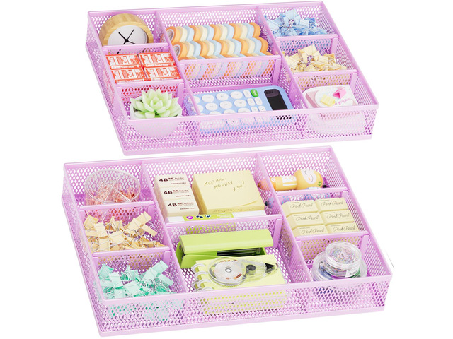 2 Pack Desk Drawer Organizer, Mesh Drawer Organizer Tray with 8 Adjustable Compartments, Desk Organizers and Accessories, 5 Dividers Drawer for...