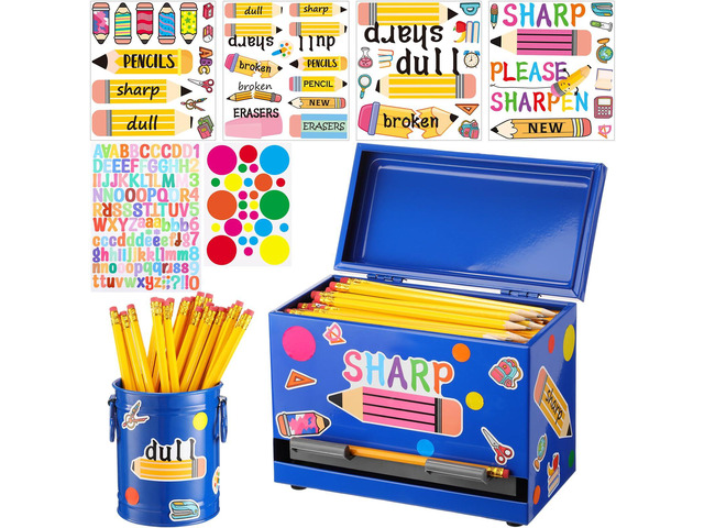 8 Pcs Pencil Dispenser for Classroom Stainless Steel, Blue Sharp Dull Pencil Holder Classroom, Letter Stickers, Metal Desk Organizer, Back to...