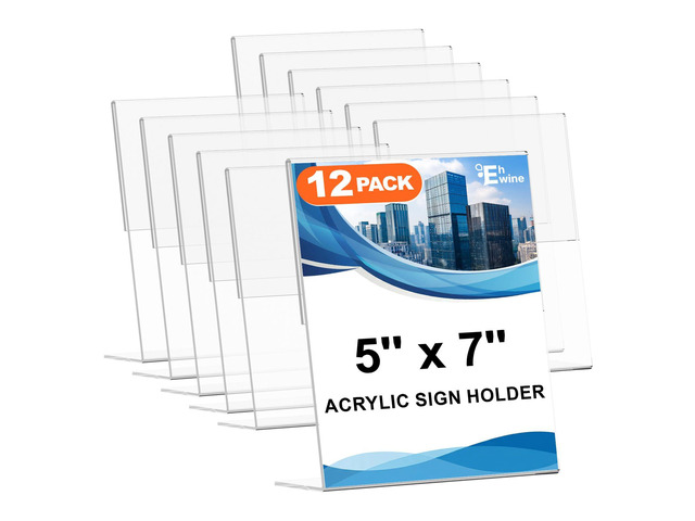 12 Pack 5 x 7 Acrylic Sign Holder, Clear Plastic Signs Display Stand, Vertical Slanted Back Paper Holder Stand up Table Top Sign Holders Flyer...