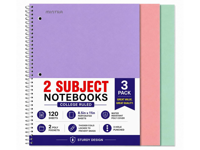 Durable Spiral Notebook - 2 Subject (College Ruled 3pk, Sage Green, Salmon, Lavender)