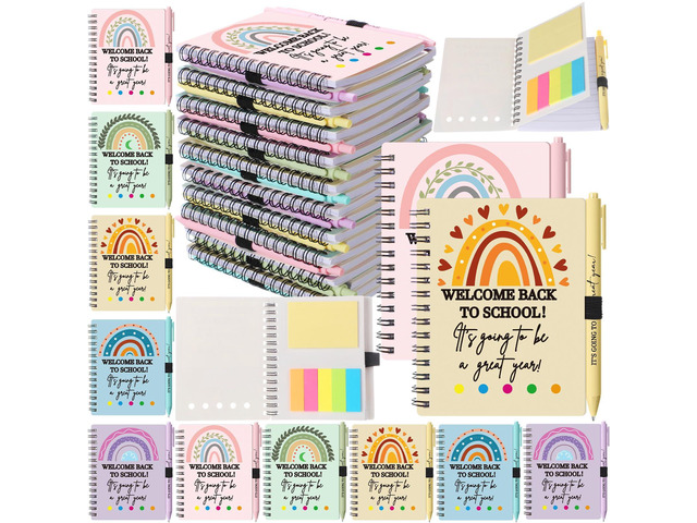 40 Pcs Welcome Back to School Gifts Bulk Spiral Notebooks Pens Notepads with Sticky Notes Motivational Pens, First Day of School Party Favor for...